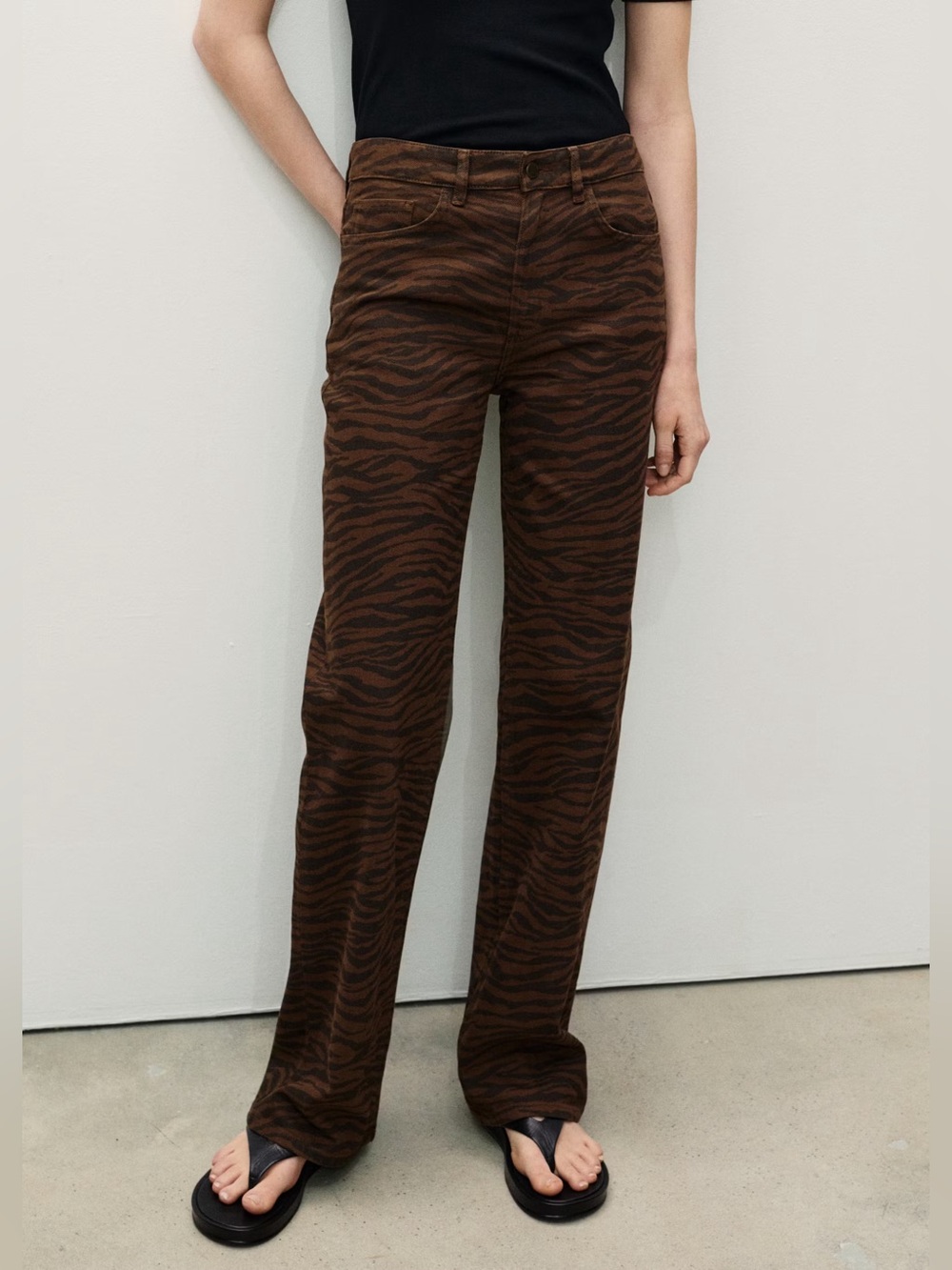 Mango Zebra Printed Women's Straight Wide‎ Leg Fit Brown Black Jeans Size:8